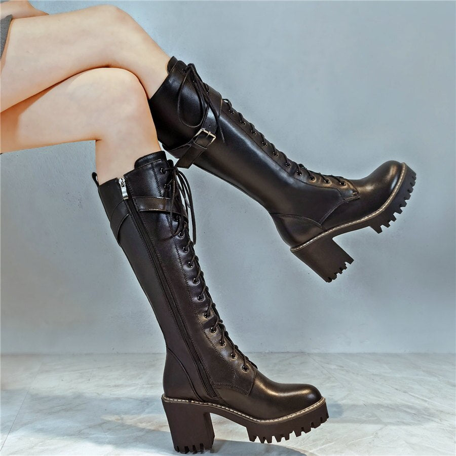 Knee High Motorcycle Boots Female Round Toe Platform Pumps Shoes