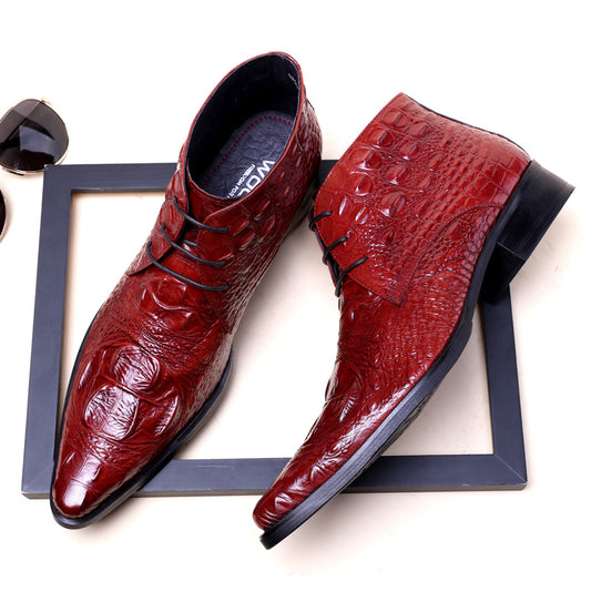Quality Men's Lace Up Dress Boots Fashion High Top Alligator Skin Boots Leather Cow Genuine Martin Ankle Booties - LiveTrendsX