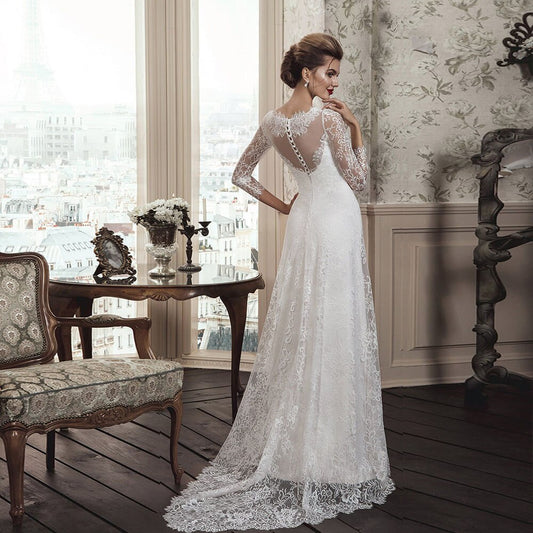 Beaded Crystal Waist Lace Long Sleeve With Removable Train Vestido De Noiva Renda Vintage Wedding Gowns - LiveTrendsX