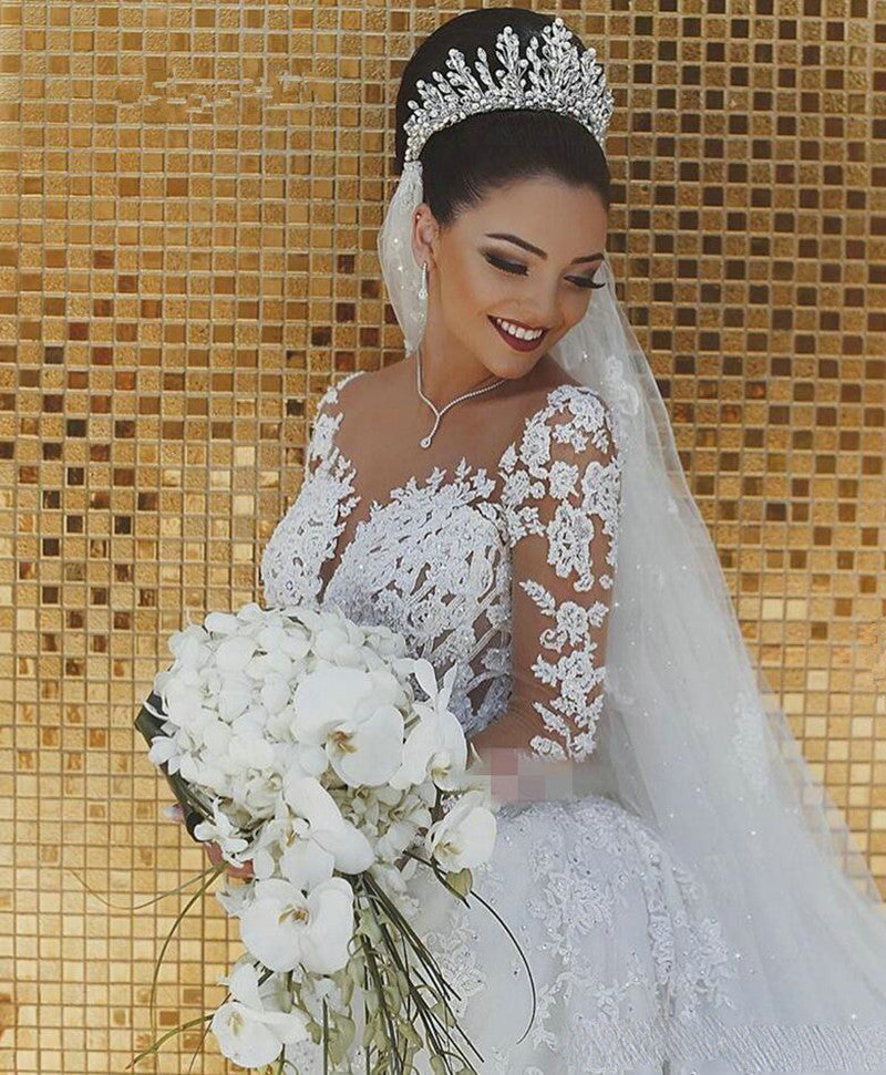 Luxury Dubai Saudi Arabic Lace Mermaid Wedding Dress Sexy Illusion Long Sleeve Bride Dresses Crystals Beads Wedding Gowns - LiveTrendsX