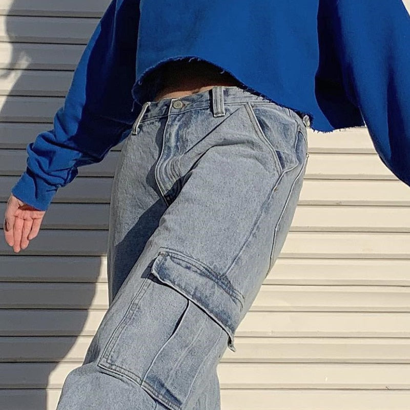 Pockets Patchwork High Waist Jeans Women Streetwear Straight Jean Femme Blue 100% Cotton Cargo Pants - LiveTrendsX