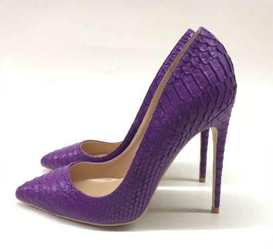 Women High Heel Shoe New Purple Snake Pattern Super High Heel Women's Shallow Mouth Pointed Shoes 12cm Fairy Shoes - LiveTrendsX