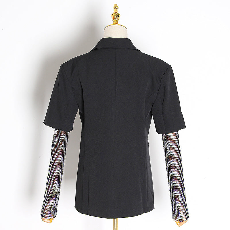 Summer Solid Blazer For Women Long Sleeve Diamond Patchwork Long Elegant Coat Female Fashion Clothing - LiveTrendsX
