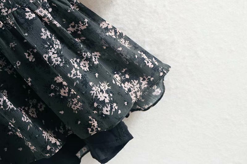 Women Ruffle Bow Tie Mini Floral Print Dress Vintage Long Sleeve Casual Loose Pleated Dress Ruffles Party Dress Vestidos - LiveTrendsX