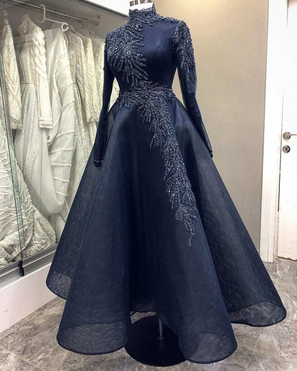 High Neck Beaded Crystals Navy Blue Women Formal Evening Gowns