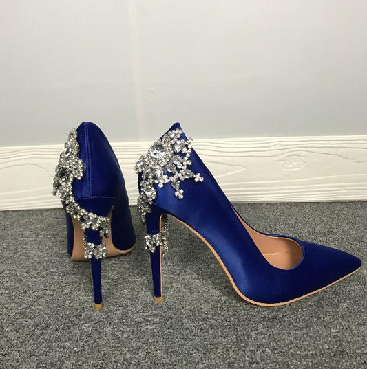 Woman twine diamonds flower high heel blue dress shoes