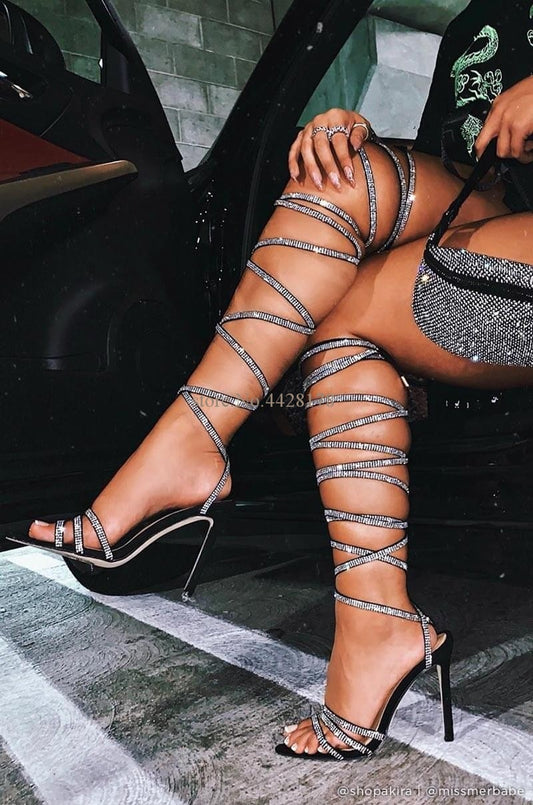 Woman diamond Lace up Over knee Sandals Boots