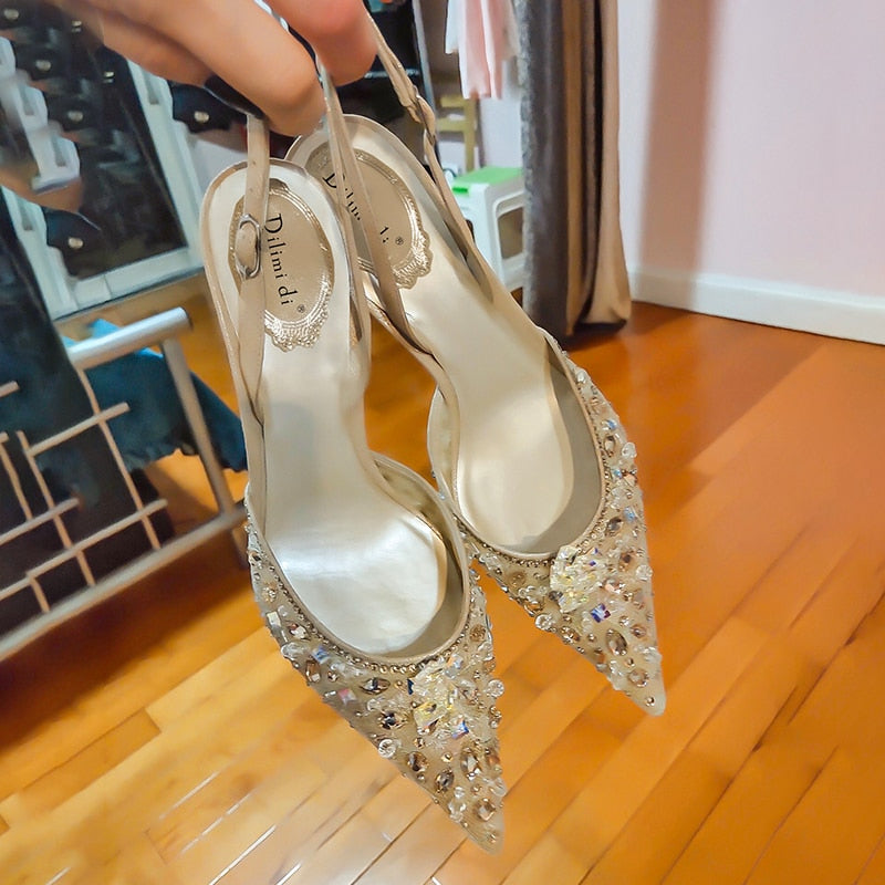 High-heeled mesh bridesmaid pointed toe wedding shoes