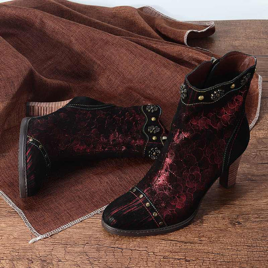 Retro Women Handmade Stitching Low Ankle Boots Stiletto High Heel Zip Pointy Toe Comfy Shoes Soft Ladies Ankle Boots - LiveTrendsX