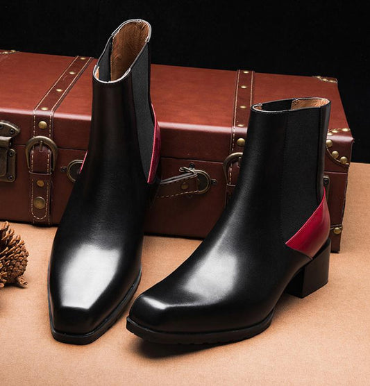 Autumtn Winter Men's Genuine Cow Leather Chelsea Boots High Heels Ankle Boots Square Toe Slip On Military Warm Snow Boots 36-44 - LiveTrendsX