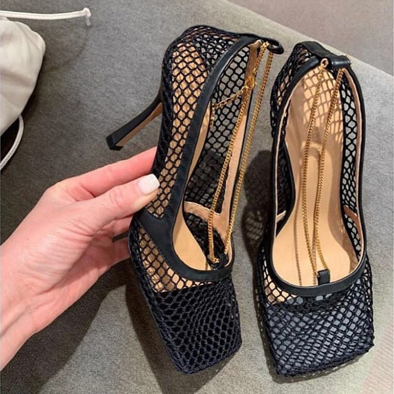 2020 New Spring Summer Square Toe Shallow Mesh Hollow Out Chains Thin High Heels Sandals Women Fashion Tide 10B526 - LiveTrendsX