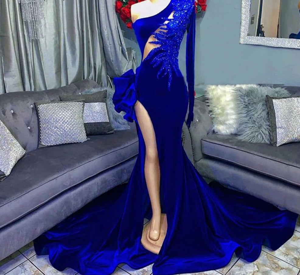 High Slit Royal Blue Velvet Girls Mermaid Prom Dresses 2022