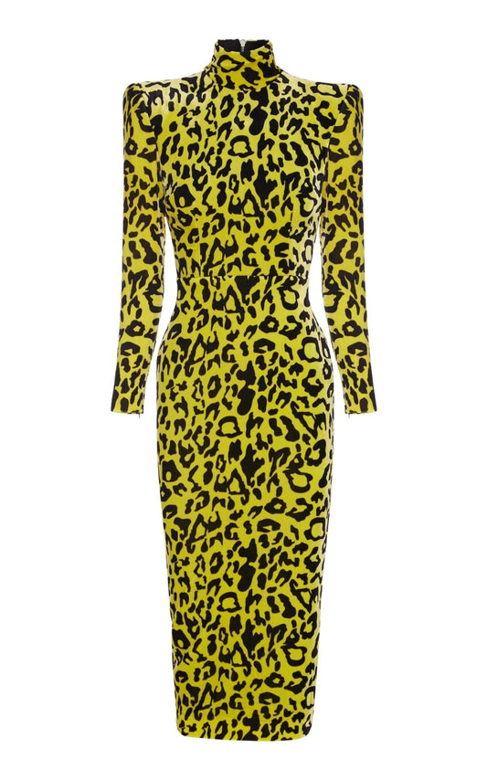 High Quality Celebrity Yellow Long Sleeve Leopard Print Dress Evening Party Dress - LiveTrendsX
