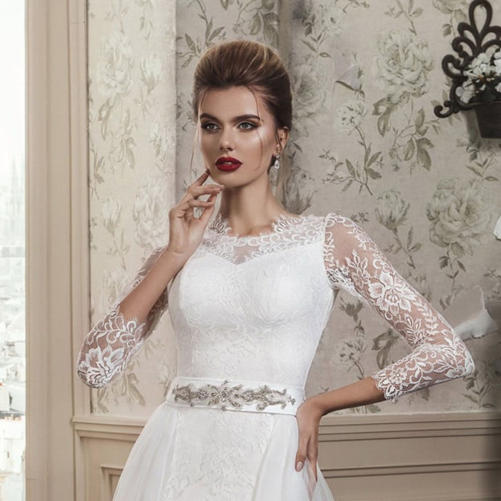 Beaded Crystal Waist Lace Long Sleeve With Removable Train Vestido De Noiva Renda Vintage Wedding Gowns - LiveTrendsX