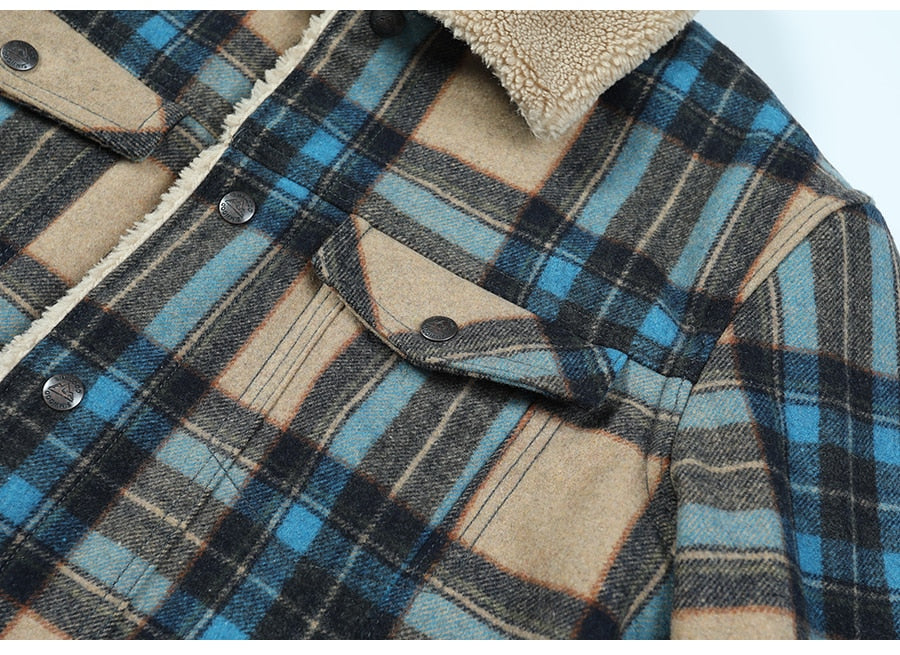 Winter New Shearling-Trimmed Checked Wool-Blend Jacket men fashion warm fleece inner plus size coats - LiveTrendsX