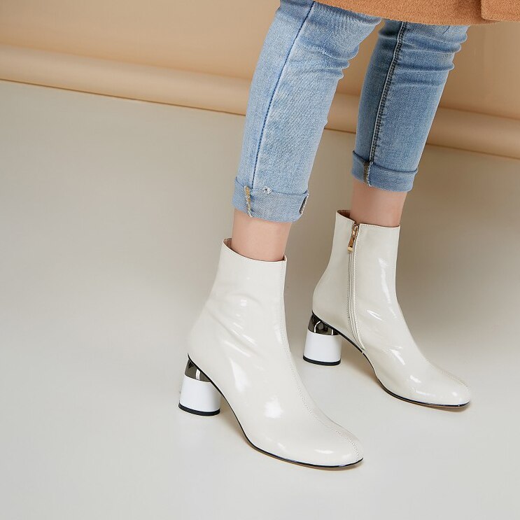 White Patent Leather Women Boots Short Autumn Botas Mujer Ladies Outside Winter Footwear 6cm Round Heels Chelsea Boots Woman - LiveTrendsX
