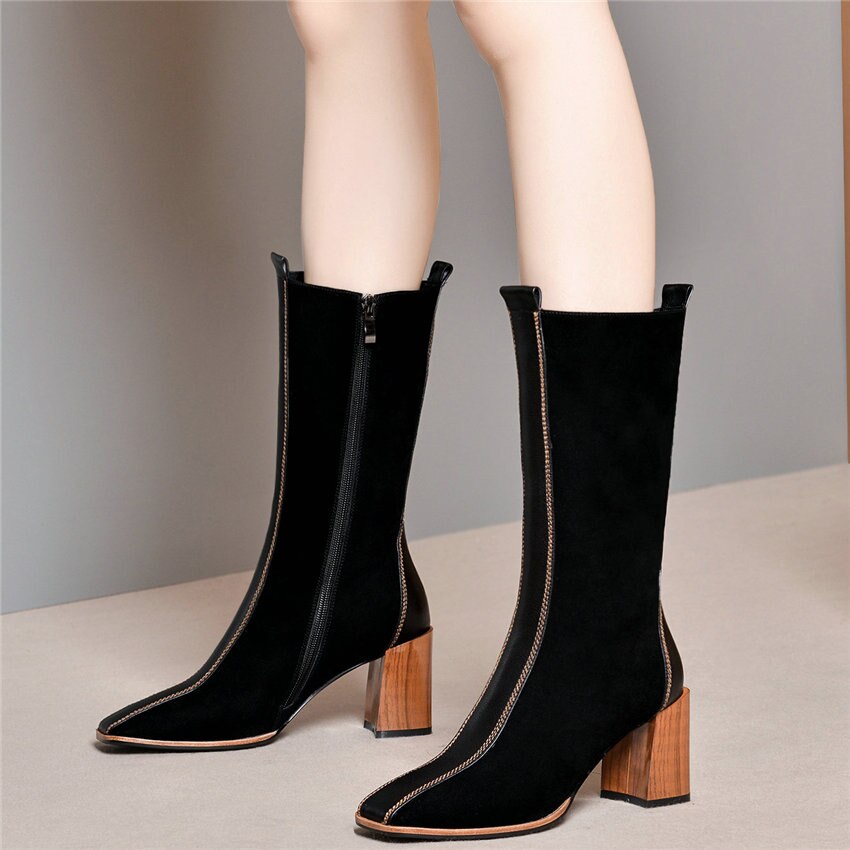 Women Cow Leather Square Toe Mid Calf Boots Chunky High Heel