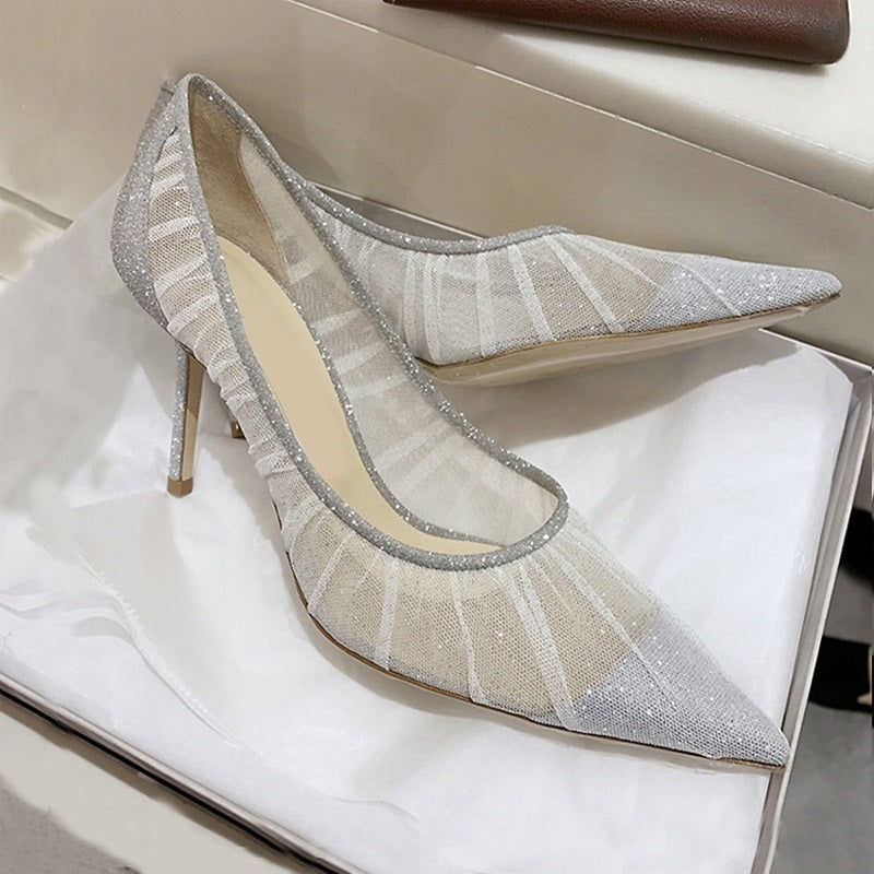 Elegant White Lace Mesh High Heel Pump Pointed Toe Silver Glitter Wedding Shoes Bride Slip-on Pleated Shallow Party Heels Shoes - LiveTrendsX
