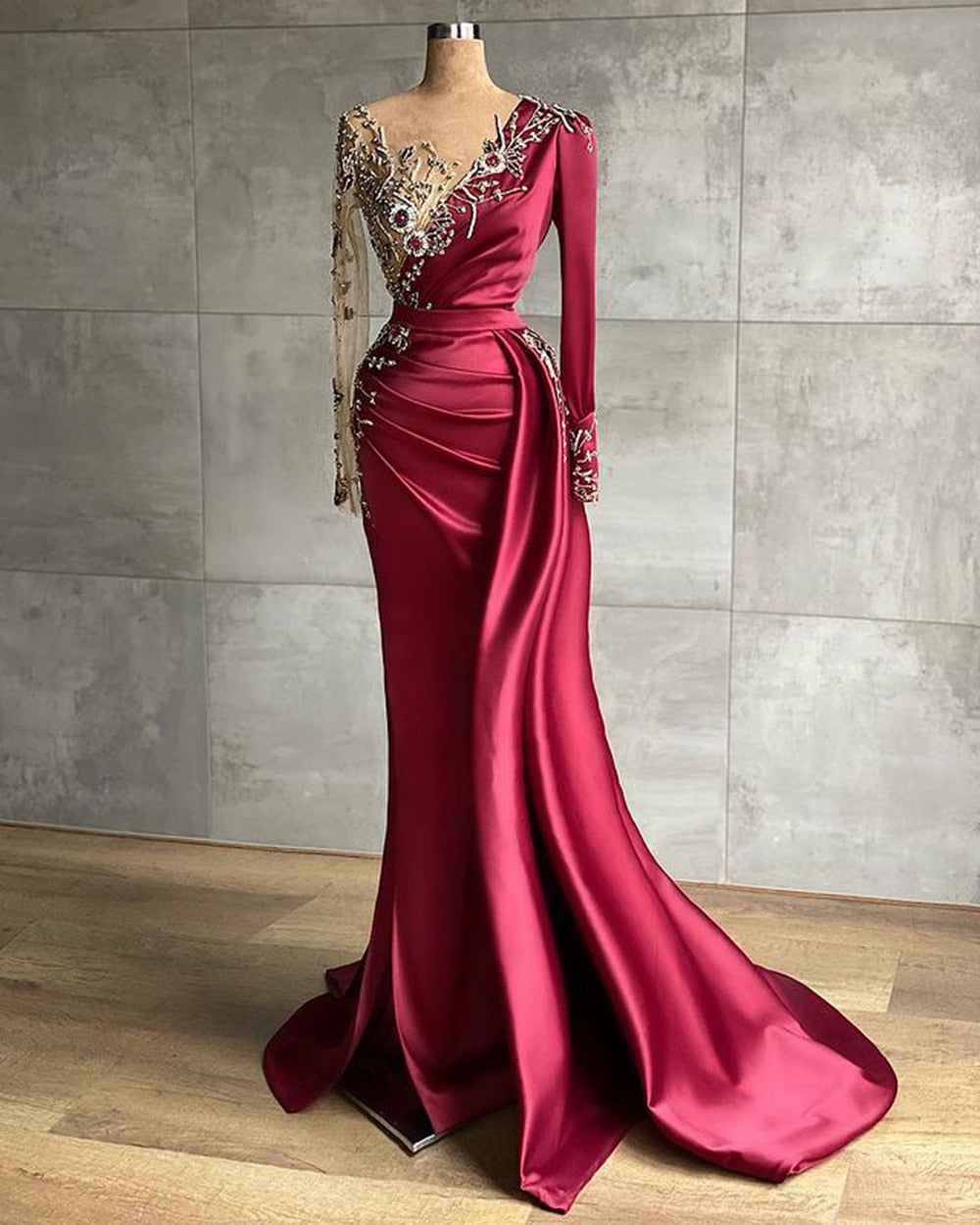 Long Sleeve Sheer O-neck Beaded Crystals Mermaid Style Evening Dress
