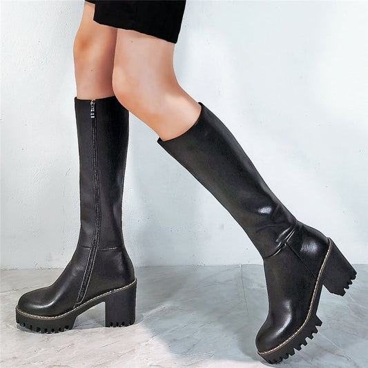 Women Genuine Leather Chunky High Heels Knee High Motorcycle Boots