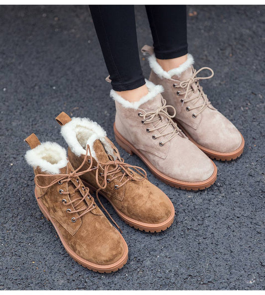 Wool Snow Boots Women Genuine Leather Round Toe Lace-Up Platform Winter Ladies Ankle Length Shoes Handmade - LiveTrendsX