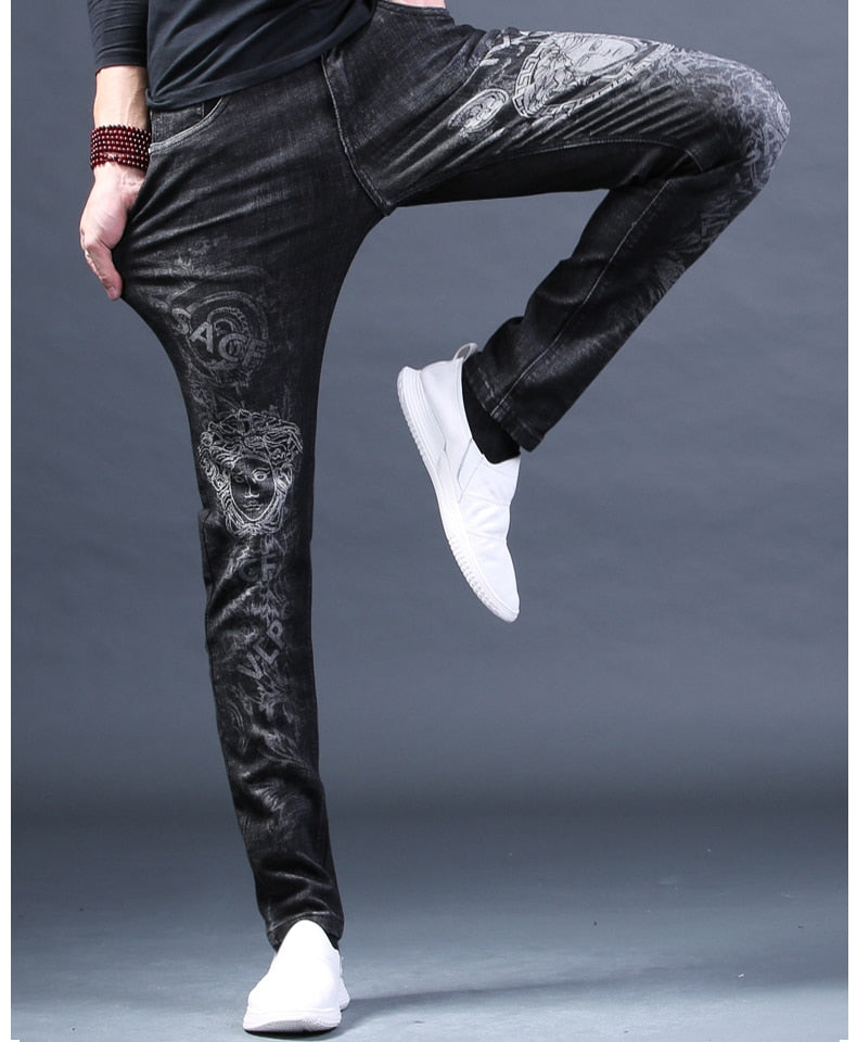 New Male fashion men's jeans Embroidered Print High-end Brand Trousers Hole Casual slim Pants Loose Straight - LiveTrendsX