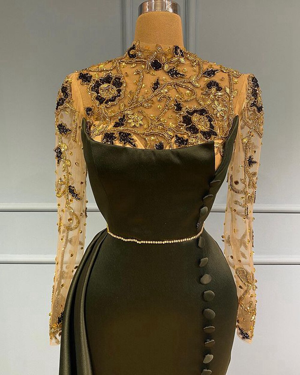 High Neck Gold Beaded Black Satin Women Formal Evening Gowns