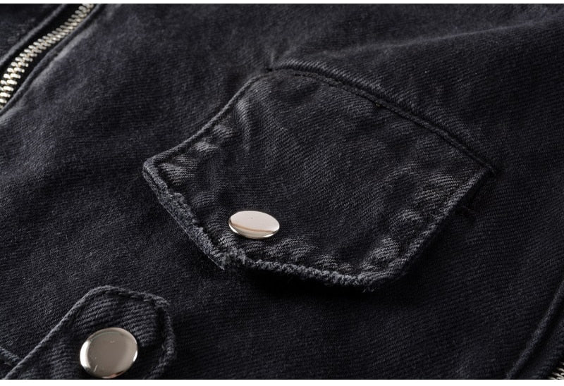 Men's zippers black biker jean jacket Streetwear thick denim slim coat with belt High quality - LiveTrendsX