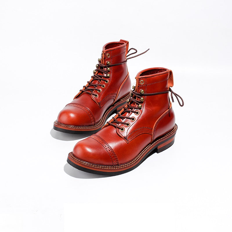 Men's leather motorcycle Vintage boots autumn and winter leather tooling short boots men's color matching shoes - LiveTrendsX
