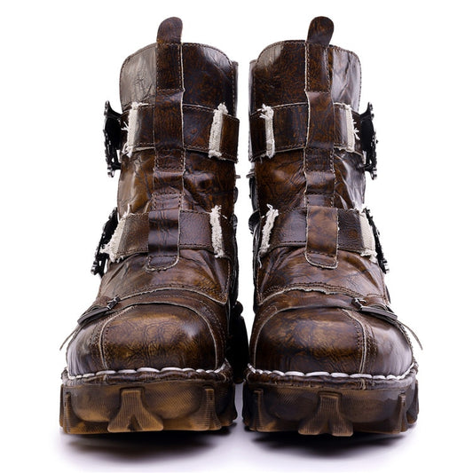Men's Vintage & Unique Look Genuine Leather Ankle Motorcycle Military Combat Boots with Skull - LiveTrendsX