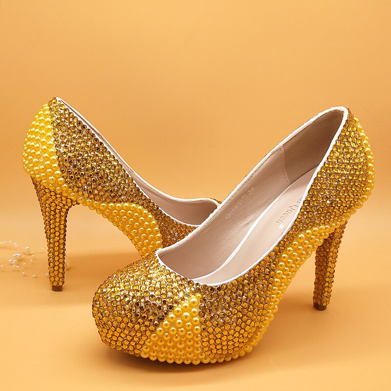 Golden pearl crystal wedding shoes and bag Sets Fashion women's Round Pumps High shoes party Dress shoes with matching bags - LiveTrendsX