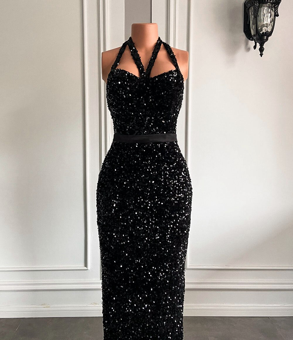 Skinny Sweetheart Black Sequined African Girl Prom Gala Gowns