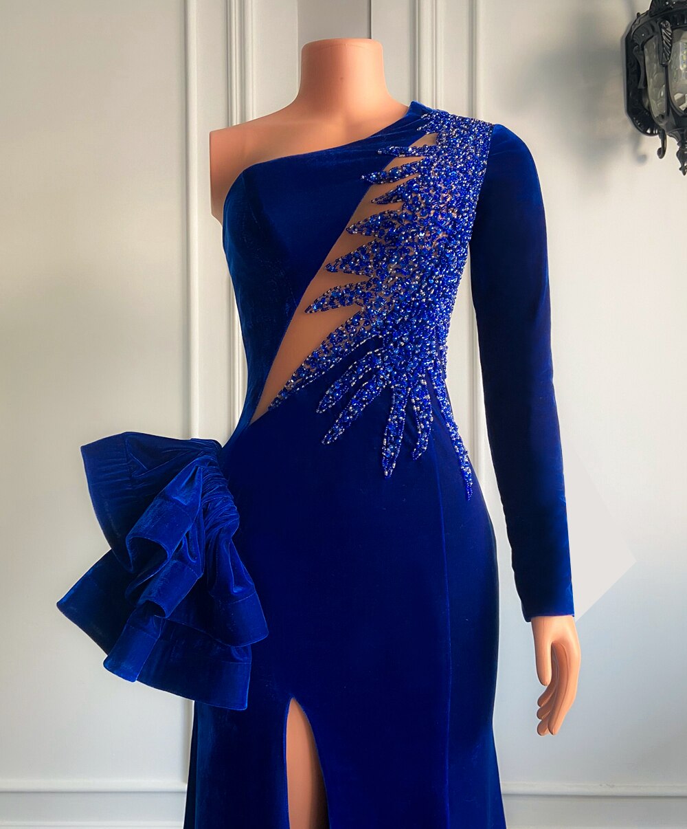 High Slit Royal Blue Velvet Girls Mermaid Prom Dresses 2022