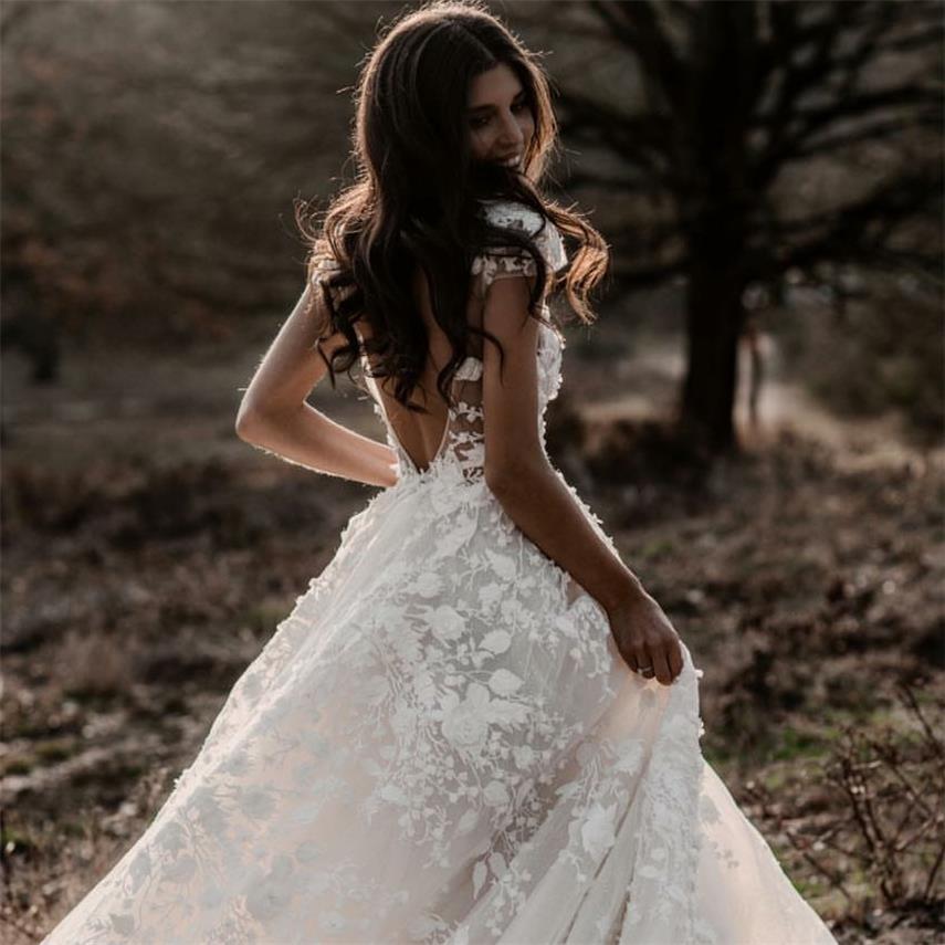 Sexy Bohemian Wedding Dress Short Sleeves Deep V Neck 3d Floral Appliques Bridal Gowns Backless Vestido De Noiva Lorie - LiveTrendsX