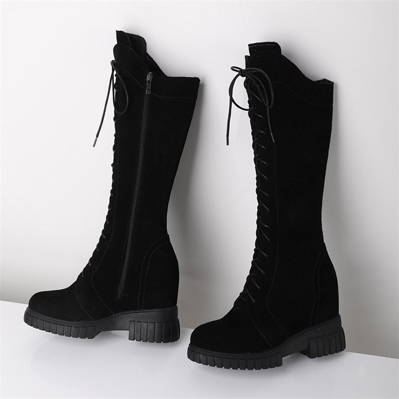Women Lace Up Cow Leather High Heel Mid Calf Ridding Boots