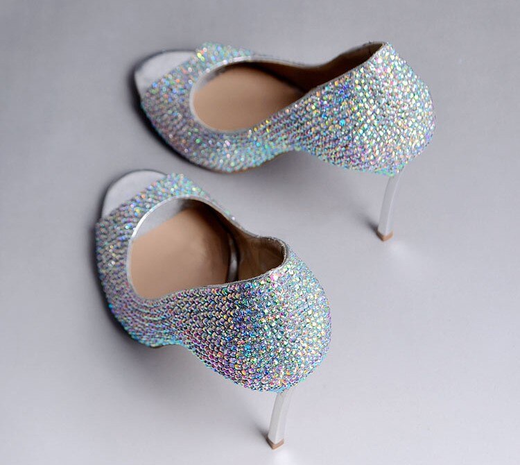 Glasses Slipper Rhinestone Bridal Wedding Shoes AB Crystal Shoes High Heeled Women Stunning Prom Party Pumps - LiveTrendsX