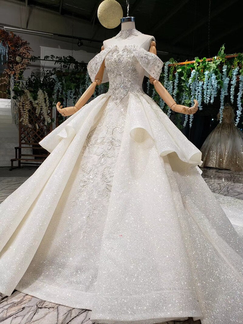 vestido de noiva princess wedding dresses off shoulder bead collar chain shiny wedding gown royal train trajes de novia - LiveTrendsX
