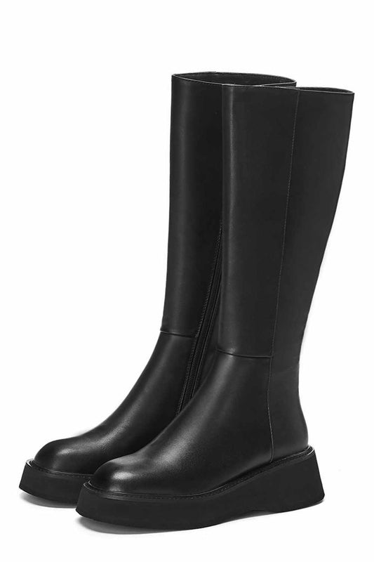 simple style solid brand basic cow leather boots round toe side zipper winter keep warm women thigh high boots - LiveTrendsX