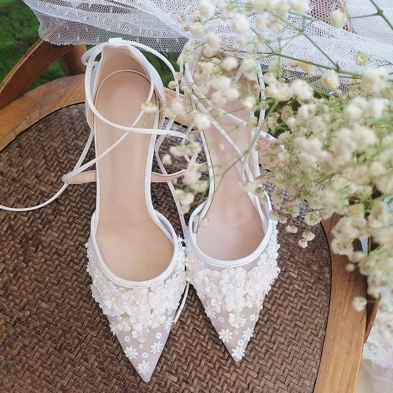 Handmade Girl White Bandage Lady's High Heels Wedding Shoes