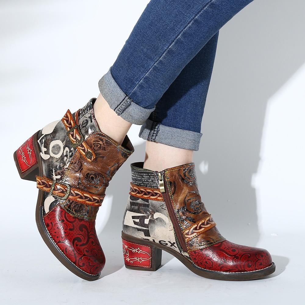 Embossed Boots Rose Genuine Leather Splicing Low Heel Ankle Boots Elegant Ladies Shoes Women Shoes Botas Mujer 2020 - LiveTrendsX