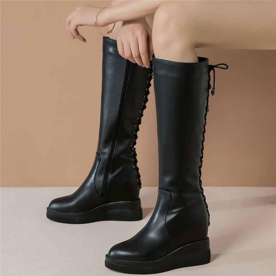 Knee High Military Boots Female Back Lace Up Round Toe Platform Pumps Shoes