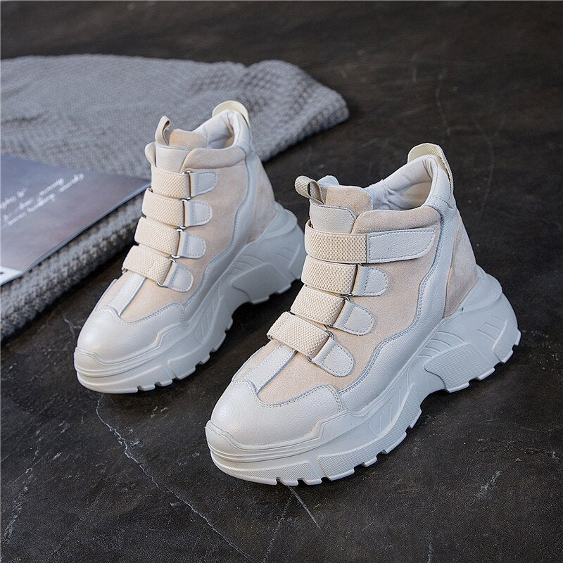 Genuine Leather 8CM Height Increaseing Women's Platform Sneakers  Fashion High Top Women Chunky Trainers Lady Shoes - LiveTrendsX
