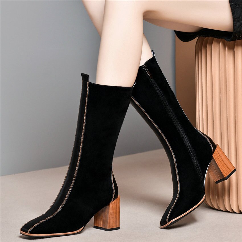 Women Cow Leather Square Toe Mid Calf Boots Chunky High Heel