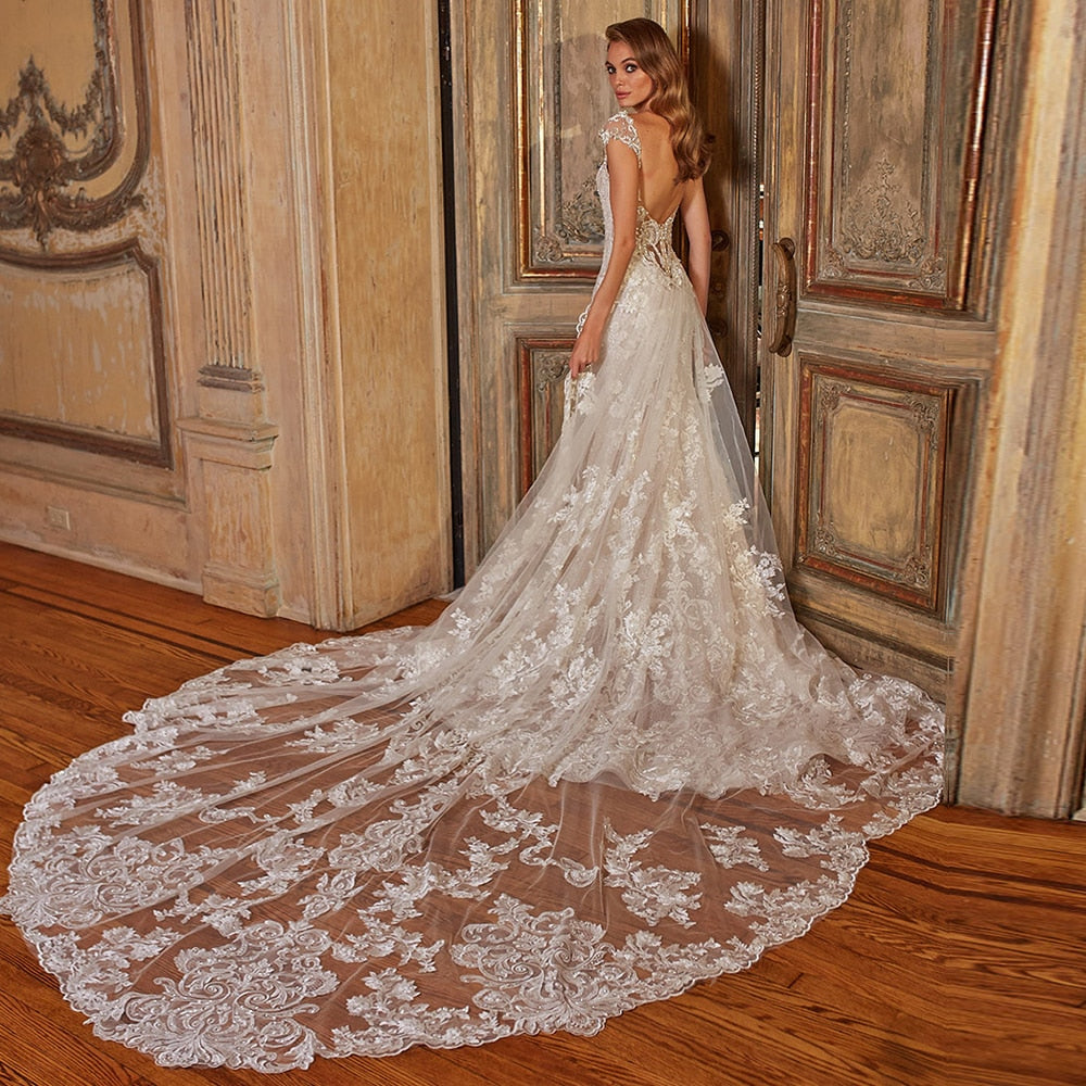 Beaded Crystal Appliques Shiny Mermaid Wedding Dresses With Detachable Train Vestido De Noiva 2 Em 1 Elegant Two Pieces Gowns - LiveTrendsX