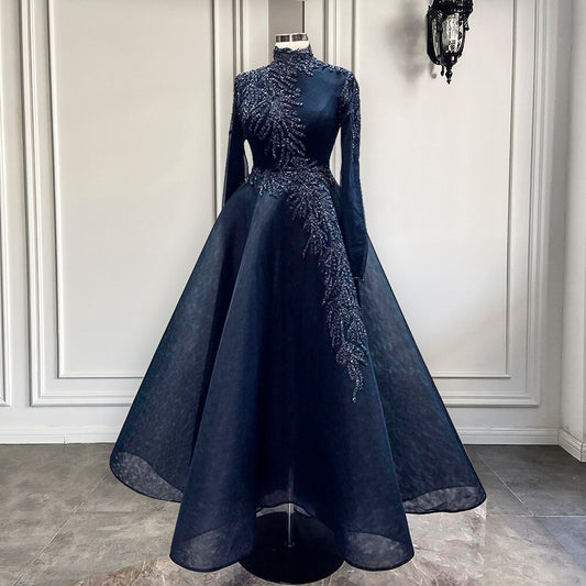 High Neck Beaded Crystals Navy Blue Women Formal Evening Gowns