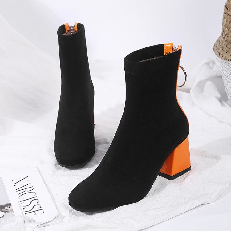 contrast color orange black block high heels shoes woman stretch fabric women ankle boots socks booties size 45 46 - LiveTrendsX