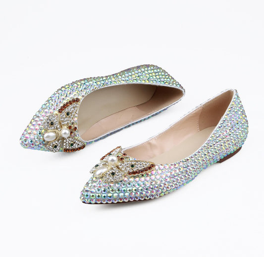 AB Crystal womens wedding shoes Flat big size female shoes insole woman shoes Bridal party DRESS shoes - LiveTrendsX