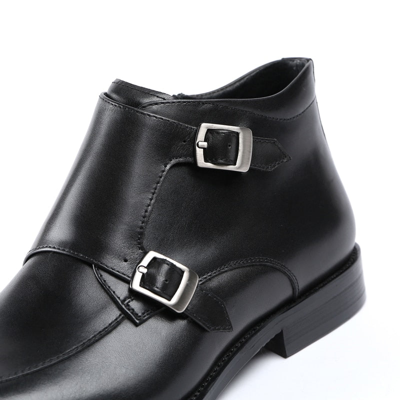Fashion Black / Tan Double Monk Strap Ankle Boots Mens Dress Shoes Genuine Leather Boots Male Wedding Shoes - LiveTrendsX