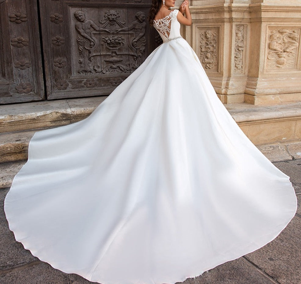Cap Sleeve Button Up Appliques Beading Crystal Belt France Satin White Ball Gown Wedding Dresses Plus Size Vestido De Noiva - LiveTrendsX