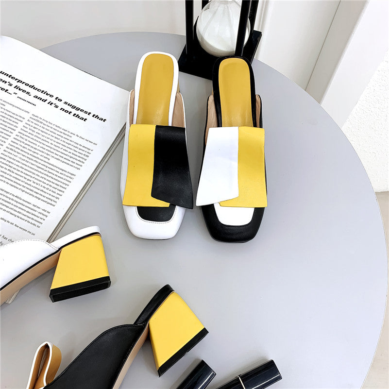 Fashion Mixed Colors Pu Leather Women Pumps Classic Rome Square Toe Hoof Heels Summer Sandals Mules Casual Shoes Woman - LiveTrendsX